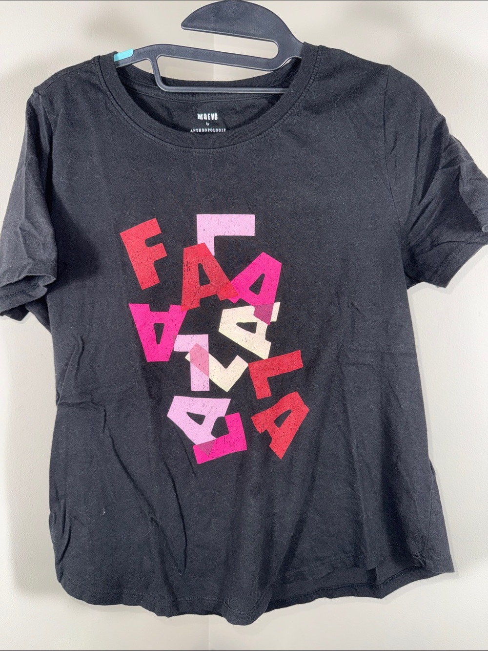 Anthropologie Maeve Black Tee with Pink, Hot Pink & Red Graphic